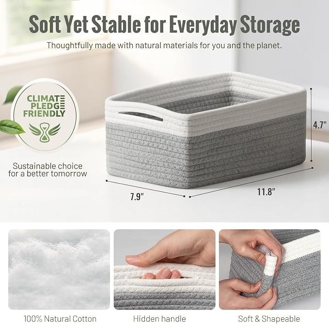 5 Pack Small Woven Storage Baskets for Shelves, Gift Baskets Empty | 11.8"x7.9"x4.7", Decorative Cotton Rope Baskets Organizer, Storage Bins for Organizing Bathroom, Closet, Nursery, Gray/White