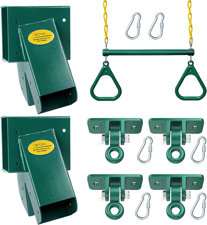 BETOOLL Swing Sets Brackets - 2 A-Frame Swing Set Brackets and 4 Swing Hangers and Trapeze Swing Bar with All Mounting Heavy Duty Hardware Included - Swing Set Kit for Porch, Yard, Playground - Green