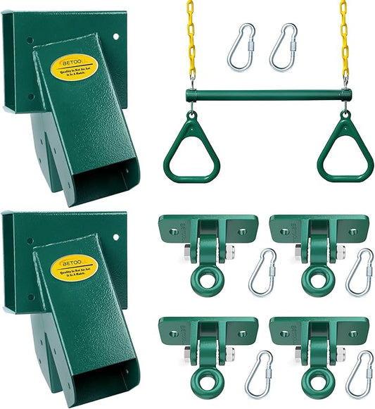 BETOOLL Swing Sets Brackets - 2 A-Frame Swing Set Brackets and 4 Swing Hangers and Trapeze Swing Bar with All Mounting Heavy Duty Hardware Included - Swing Set Kit for Porch, Yard, Playground - Green