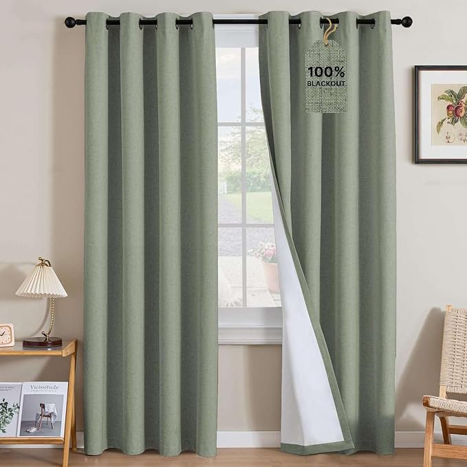 H.VERSAILTEX Linen Curtains 100% Blackout Curtains for Bedroom 90 inch Long Full Light Blocking Nature Linen Blended Window Curtains for Living Room Nickel Grommet (2 Panels, Heathered Dried Sage)