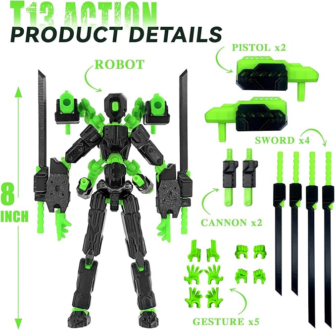 (Assembly Completed) 8 inch T13 Action Figure Set,Robot 13 Action Figure Multi-Articular Mobile Nova T-13,Desktop Decorations for Game Lovers Toys (Black)