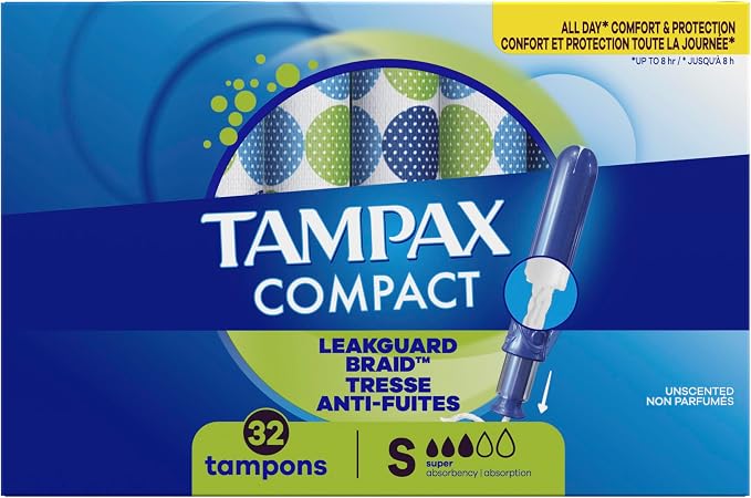Tampax Compact Pearl Tampons for Women, with LeakGuard Braid & Extendable Applicator, Super Absorbency, Compact Extendable Applicator, Unscented, 32 Count