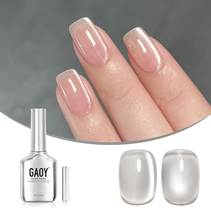 GAOY Glassy Cat Eye Gel Nail Polish, 16ml Glitter Holographic Gel Polish with Magnet, Reflective Translucent UV Light Cure, 2952 Silver Veil