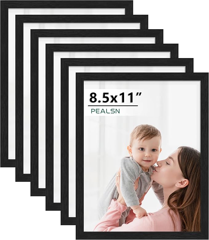 PEALSN 8.5x11 Picture Frame Set of 6, Black Picture Frames with HD Plexiglass,Wall Gallery Photo Frames for Wall Mounting or Tabletop Display, Black Woodgrain