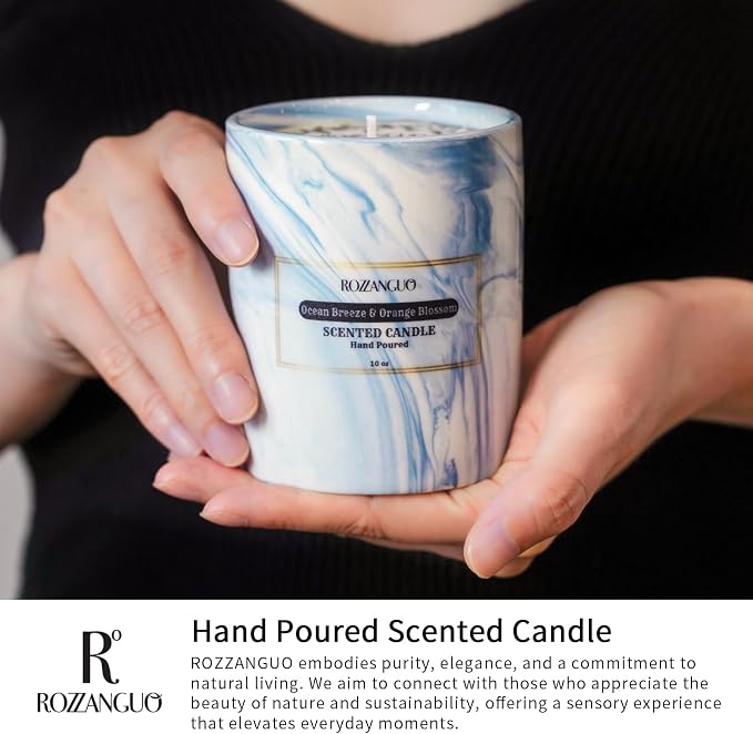 Luxury Marble Jar Scented Candle | Women Men | Non Toxic 100% Natural Coconut & Soy Wax Blend Cotton Wick | Hand Poured Highly Scented Long Lasting (Ocean Breeze & Orange Blossom, 10 oz)