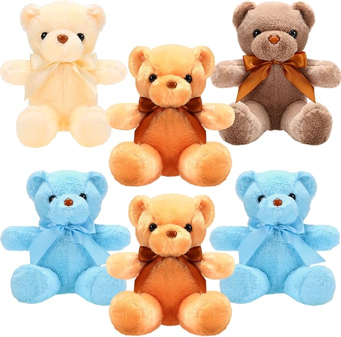 Aoriher 6 Pcs Bear Stuffed Animal Bulk Baby Shower Bear Plush Toys Soft Cute Sleeping and Playing Decorations for Kids Back to School Gift Baby Shower Birthday Party Favor(Beige, Brown, Blue)