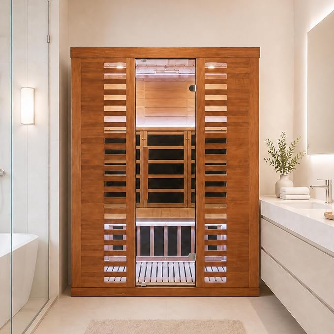 MNLR 3 Person Infrared Home Sauna, 59"x39"x67" Wood Dry Sauna with 2 LED Strips, Low EMF FAR 1500W/120V LCD Heater, Red Light Therapy, RGB Lights, WiFi, BT Speakers, Flame-Retardant Materials