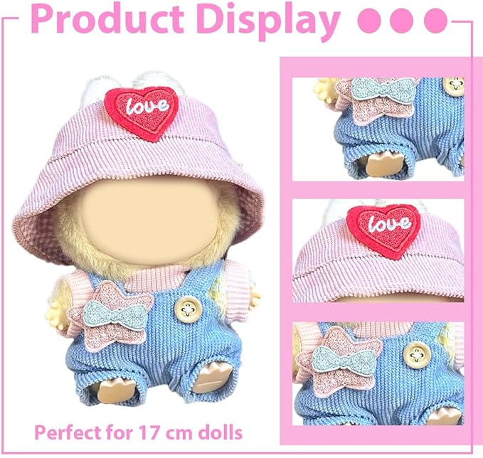 Clothes for LABUBU, Hat & Overalls Set for 17/15cm Accessories Suit, Cute Clothes for Dress up Unique Style (Pink Love Heart)
