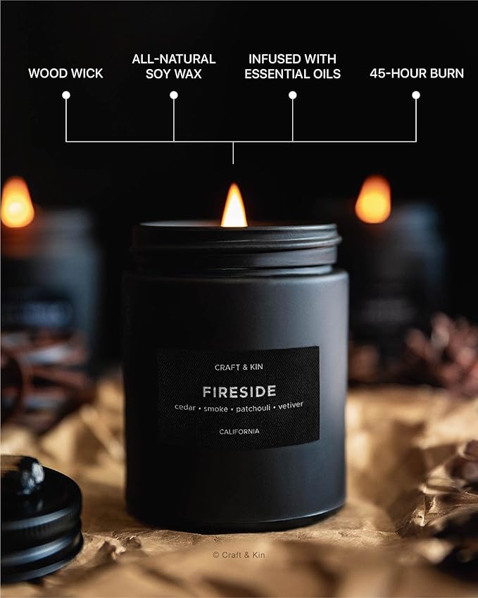 Craft & Kin Premium Smoky Fireside Scented Candle – Long Lasting, 45 Hour Burn Time – Luxury Black Natural Soy Scented Candle for Men with Wood Wick – Room Decor and Aromatherapy – 7.6 oz