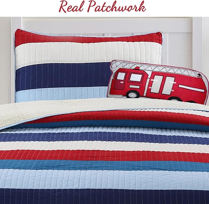 Cozy Line Home Fashions Aaron Bedding Quilt Set, Nautical Navy Blue Red Off-White Striped 100% Cotton Reversible Coverlet Bedspread Bedding Set (National Stripe, Twin - 2 Piece)