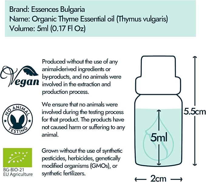 Essences Bulgaria Organic Thyme Essential Oil 1/6 Fl Oz | 5ml | Thymus vulgaris | 100% Pure and Natural | Undiluted | Therapeutic Grade | Family Owned Farm | Steam-Distilled | Non-GMO | Vegan