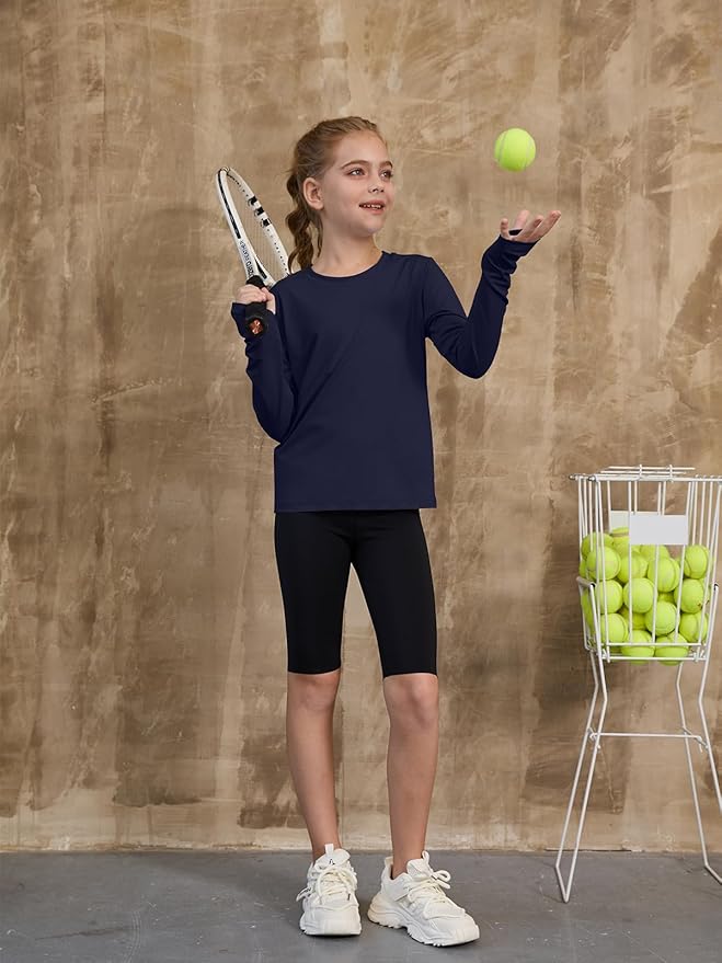 ZDC Girls Long Sleeve Athletic Shirts Kids Crewneck Quick Dry Workout Yoga Tops Basic Tees Activewear