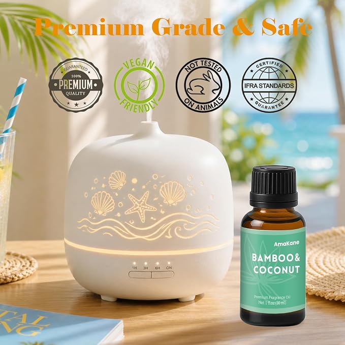 AmaKane Bamboo and Coconut Fragrance Oil, Summer Essential Oil for Diffuser, Fragrance Oil for Candle Making, DIY Soap Making Scents, Diffuser Oils for Home, Aromatherapy Oils, 30ml