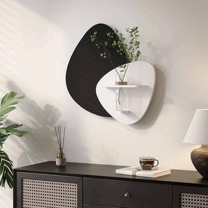 Cuspin 3D Textured Black and White Wall Art with Vase and Shelf, 1 Piece | Modern minimalist wall decor, Abstract art wall decor, Sculptural wall art for living room bedroom dining room hallway decor