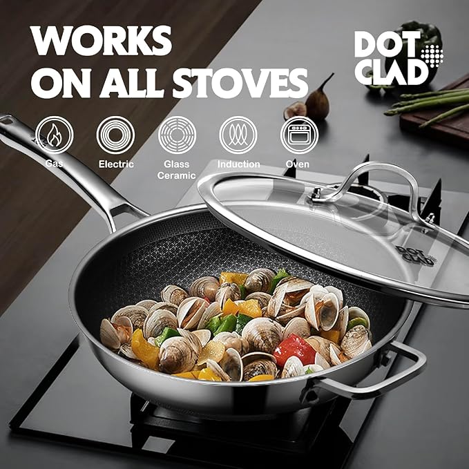 DOTCLAD 13 Inch Hybrid Stainless Steel Wok with Lid and Steamer Basket, Non Stick Stir Fry Pan, PFOA-Free, Works on Induction, Dishwasher & Oven Safe