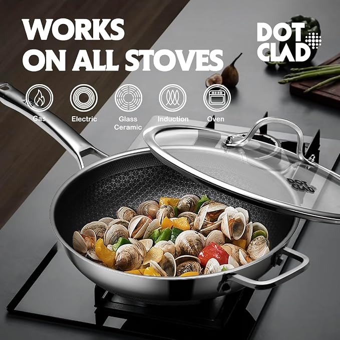DOTCLAD Wok pan,Hybrid 13 inch Wok with Lid, PFOA Free Cookware,non stick Stainless Steel Woks & Stir-fry pans Nonstick, Dishwasher and Oven Safe, Works on Induction