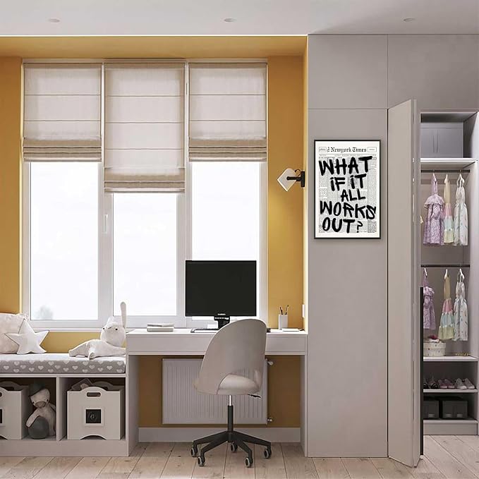 Retro Black And White Newspaper Poster What If It All Works Out Canvas Wall Art Positive Affirming Quote Minimalist Prints Painting For Home Bedroom Dorm Wall Decor 8x12in Framed