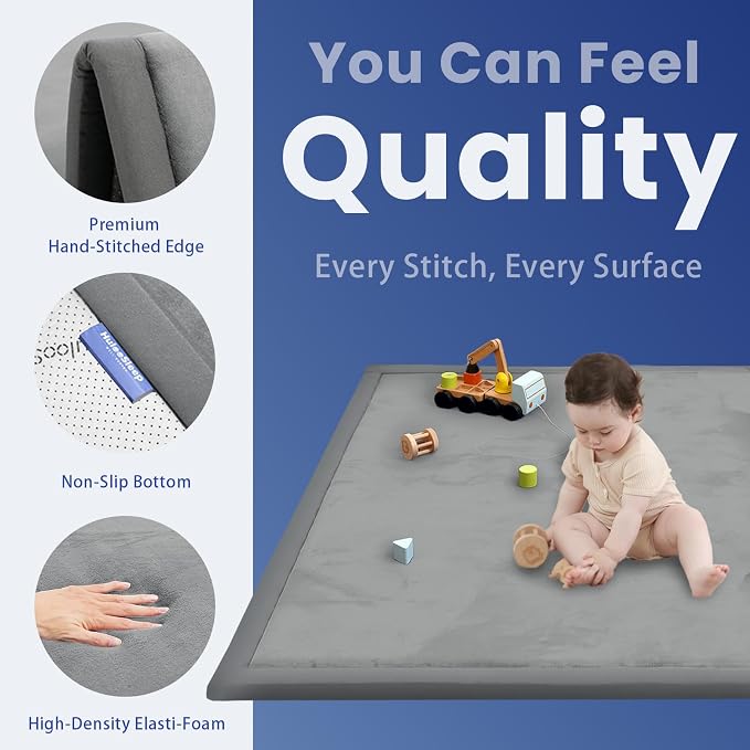 Baby Play Mat for Floor,1.3" Thick Elasti-Foam 74×50 Playpen Mat for Toddlers Infant kids,Water-Repellent Soft Coral Velvet for Tummy Time, Non-Slip Backing for Crawling,Tatami Style(Dark Grey)