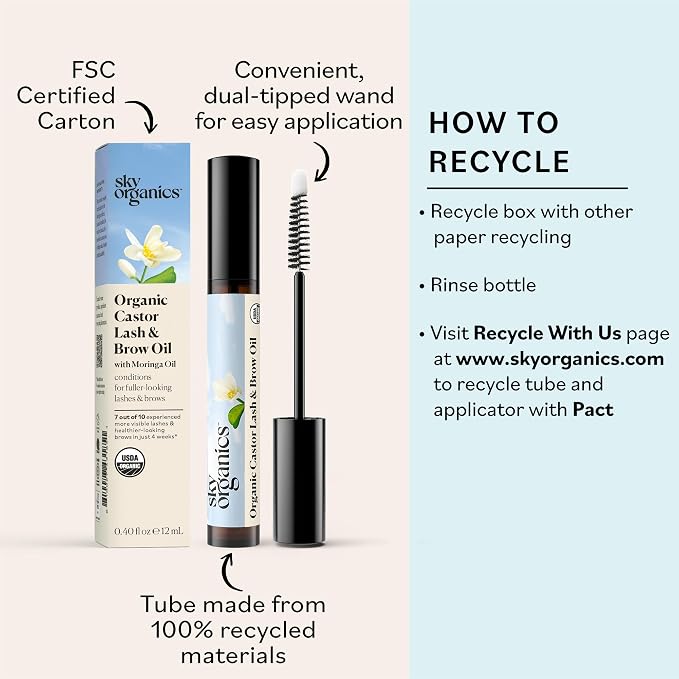 Sky Organics - Organic Lash & Brow & Applicator - Eyelash Serum - Castor Oil Organic - Moringa, Vitamin E - Lashes, Eyebrows - Self Care, Beauty - Gifts for Women - .4 fl oz, 12mL with ebook