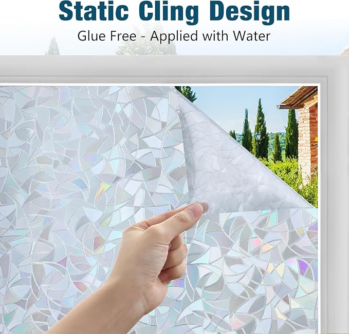 rabbitgoo Rainbow Window Privacy Film, Static Cling, Silver, 17.5" x 78.7" | Decorative Static Sticker, Non-Adhesive Reusable Window Tint, Heat Control UV Blocking Coverings for Home Doors, Living Room