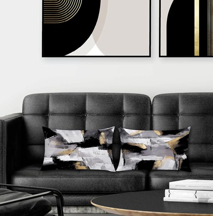Black and White Pillow covers, Abstract White Black and Gold Pillow Covers 12x20 Set of 2, Modern Black and White Pillow Covers for Couch Bed Living Room