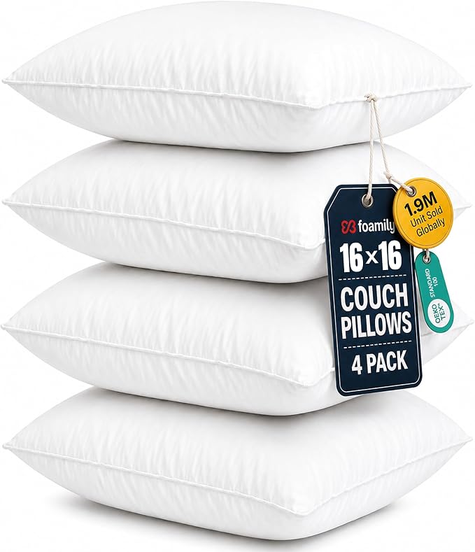 Foamily 16x16 Throw Pillow Inserts, White Pillows for Couch & Bed, 4 Pack | Soft down-alternative fill, hypoallergenic, holds its shape. Fits 16x16 covers. Couch, sofa, bed, nursery decor.