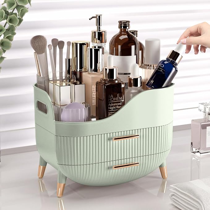 Pajiriona Makeup Organizer with Drawers, Green Skincare Organizer for Vanity, Storage Box with Handle, Large Cosmetic Display Case for Dresser, Bathroom Countertop