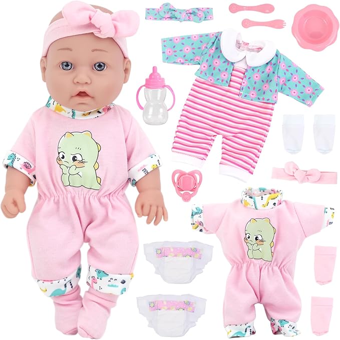 UNICORN ELEMENT 12 Inch Baby Doll and Clothes and Accessories，inches 12 inch New Born Vinyl Baby Dolls, 2 Sets of Doll Clothes, Diapers, Feeding Bottle, Pacifier, Toddlers 3+ Years