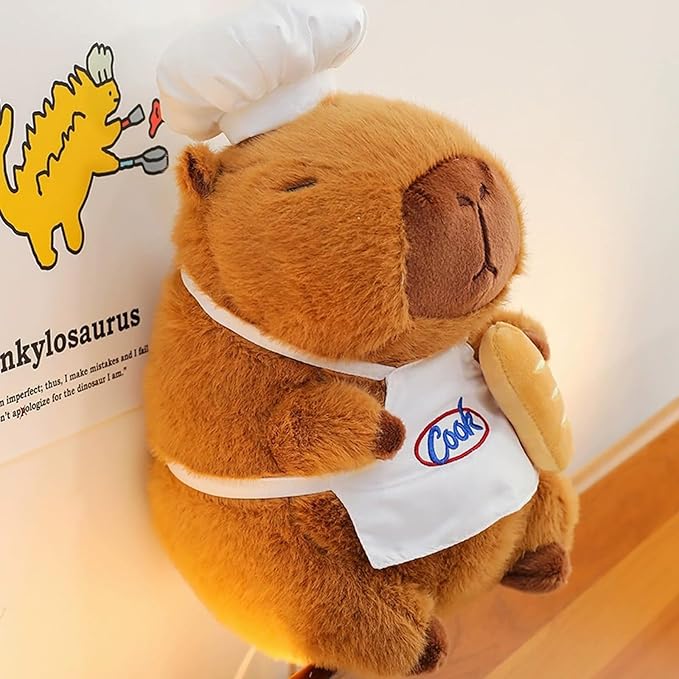 Capybara Plush with Cooking Chef Hat Bread 13.7 inch Cute Capibara Stuffed Animal Ultra Soft Plushies Toys Kawaii Gifts for Kids Brown