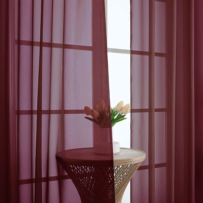 OWENIE Sheer Curtains 84 Inches Long 2 Panels Set, Burgundy Sheer Curtain for Living Room Bedroom, Modern Filmy Rod Pocket Curtains Drapes, 2 Pcs, Each 59 W x 84L, Burgundy