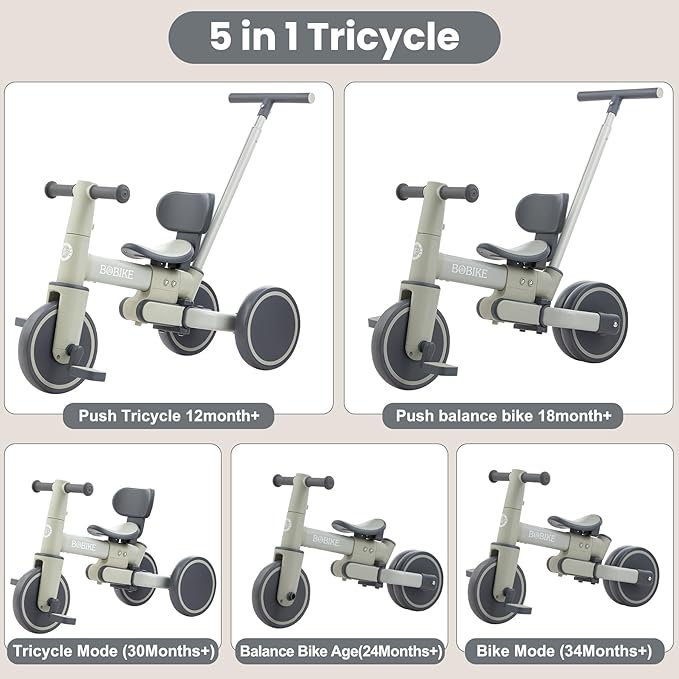 Bobike 5-in-1 Tricycle for Toddlers 18 Months to 5 Years Old, Toddler Bike, Kids Tricycle with Push Handle and Backrest, Toddler Balance Bike with Easy Assembly for Boys and Girls.(Green)
