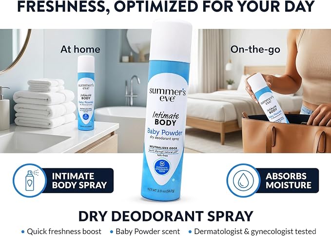 Summer's Eve Freshening Spray | Baby Powder | 2 oz Size | Pack of 6 | pH Balanced, Dermatologist & Gynecologist Tested