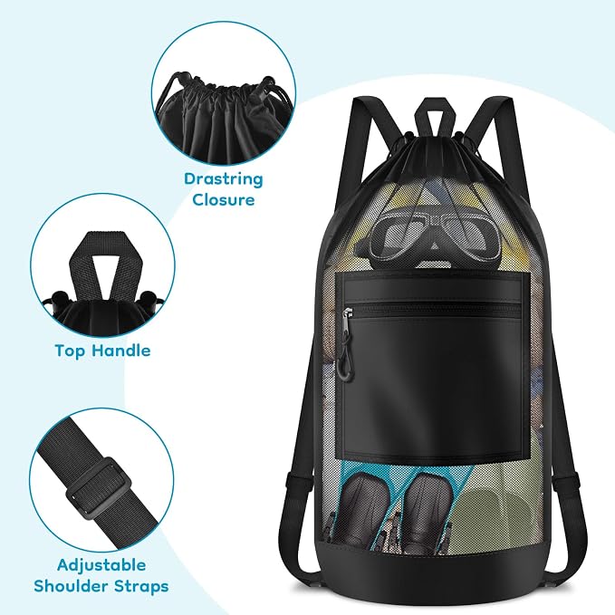 BROTOU Drawstring Backpack Gym String Bag with Pocket for Men Women Heavy Duty Mesh Bag Sport Equipment Bag for Swimming Yoga Beach Laundry