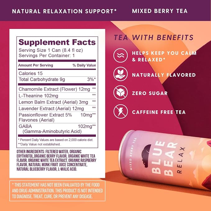 Blue Bear Relax Adaptogen Drink, Ready-to-Drink Mixed Berry Tea, Calming & Relaxation Beverage for Stress Relief, Nootropics & Botanicals, Caffeine-Free, Zero Sugar, 8.4 Fl Oz (12 Pack)