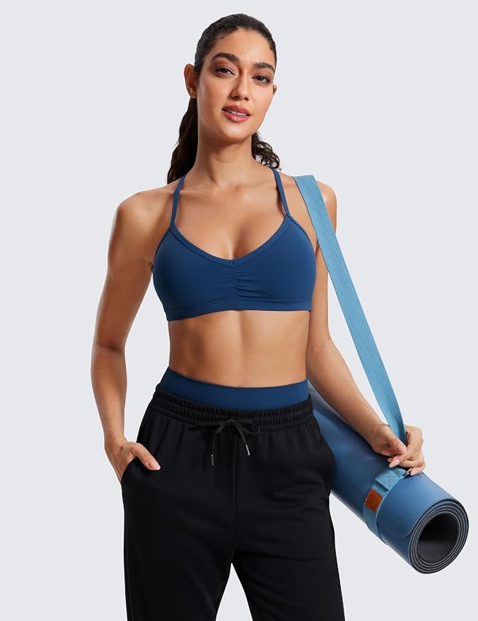 CRZ YOGA Butterluxe Ruched Sports Bras for Women - V Neck Spaghetti Thin Strap Y Back Wireless Padded Yoga Crop Top