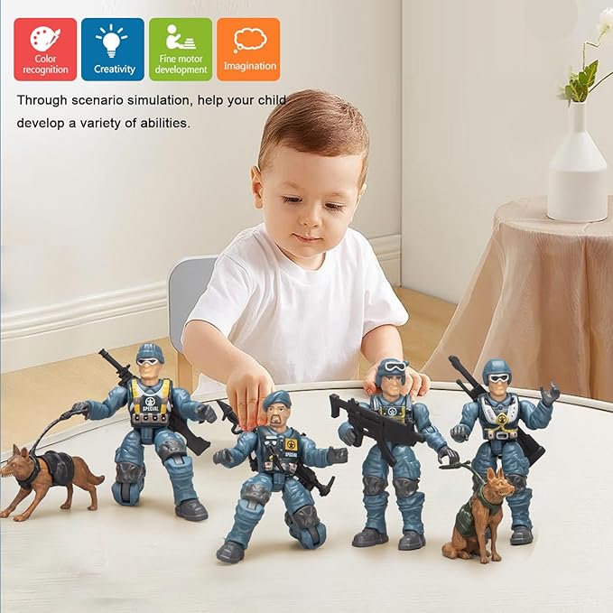 Army Men Action Figures, Toy Soldiers for Boys 6-8, Plastic Army Men Toys with 2 Dogs and 6 Weapons Birthday Gift for Kids Boys Military Collectors