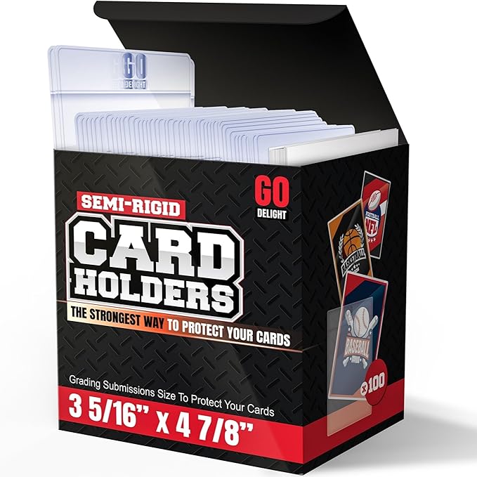 Semi Rigid Card Holders for PSA, SGC, BGS, CSG Grading – 200 Bundle - Baseball Card Sleeves - 100 Card Holders for Trading Cards + 100 Soft Sleeves – 3-5/16” x 4-7/8” with 1/2” Lip