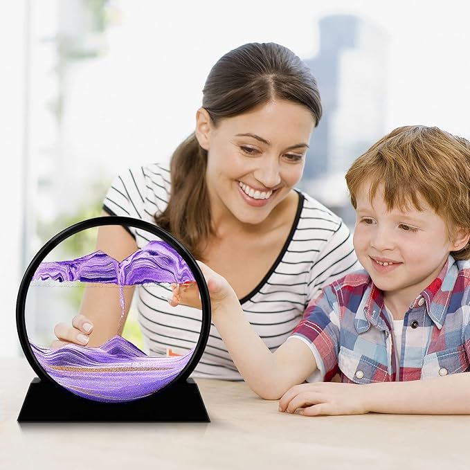 Moving Sand Art Picture - 3D Quicksand Painting Decor - Round Glass 3D Deep Sea Sandscape - Relaxing Home Decoration Desk Toys for Home Office Desk Mantle Bookshelf- (Purple, 12 in)