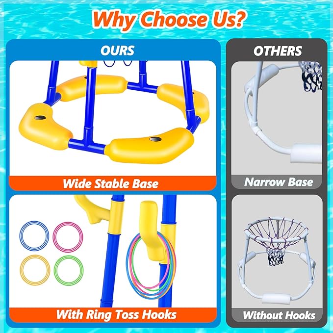 Pool Basketball Hoop Floating with Anti-Tip & Anti-Drift Design, Basketball & Ring Toss Pool Toys for Kids Ages 4-8, 8-12, Summer Outdoor Water Toys Pool Games for Adults and Family
