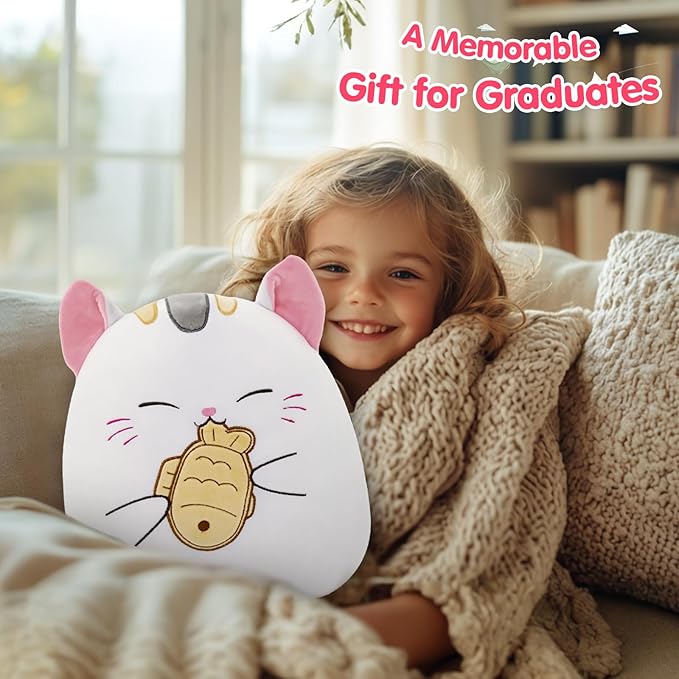 Athionsu 12-Inch Cat Plush Pillow Soft Kawaii Stuffed Animal Hugging Cushion with Taiyaki Fish Cute Kitty Plush Pillow for Toddler Kids, Boys Girls