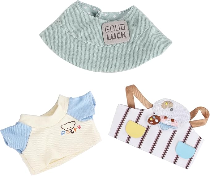 17 Cm Doll Clothes (No Doll) - Premium Doll Clothing & Accessories, Striped Hat Collection - Green Hat+Light-Colored Short Sleeves+Striped Suspenders(Style O)