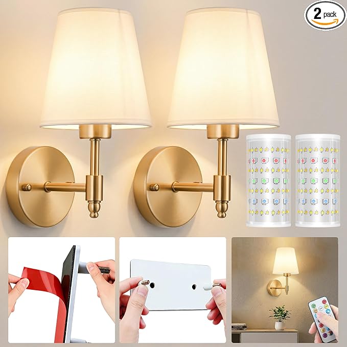Nekhung Battery Operated Wall Sconce, Peel and Stick Sconces Set of 2 | Wireless Adhesive Stick On Wall Sconce, 10000mAh Rechargeable RGB Bulb with Remote, No Drill Wall Light for Bedroom Decor