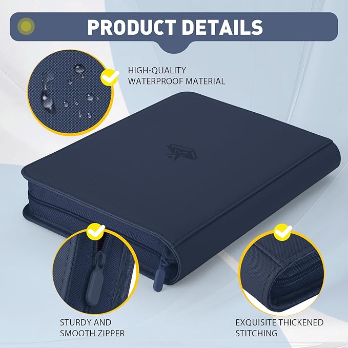 Trading Card Binder 9 Pocket - 180 Cards Capacity, Side Loading Card Album with Zipper Closure, Card Collection Holder for TCG, Game Cards, Sports Cards, Yugioh（Navy Blue）
