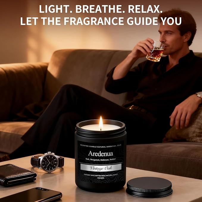 Vintage Oak Candle | Manly Scented Candles for Home, Masculine Candle - 7oz Soy Candles for Home Scented, 50 Hours Clean Burn, Long Lasting, Aromatherapy Gifts for Men & Women