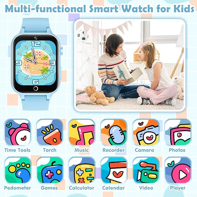 Smart Watch for Kids, with 26 Puzzle Games, Touch Screen, HD Camera, Alarm Clock, Toys for Ages 4-12 Years Old.Birthday Gift for Boys Girls (Soft Blue)