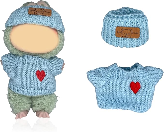 17cm Doll Clothes(NO Doll), Cute Dolls Outfit Accessories with Blue Sweater & Knit Hat Small Kawaii Clothes Set for Dolls (Style 8)