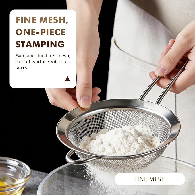 NileHome 3 Piece Mesh Strainers, Stainless Steel Strainer for Sifting, Straining, Cooking Kitchen Strainers Fine Mesh for Flour, Pasta, Loose Tea, Fruit, and Rice, Silver（3.1"+5.4"+7.8")