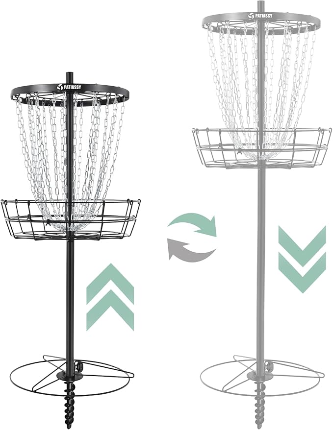 Disc Golf Basket with 24/12 Heavy Duty Chains, Disc Golf Target with Adjustable Height/Sound Reducer & Remote LED Light & Light Up Discs, Durable Practice Goal with Ground Stake for Backyard