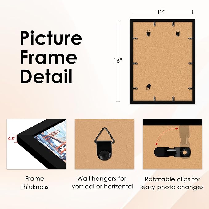 FIXSMITH 12x16 Picture Frame Set of 4, Photo Frame with HD Plexiglass, Display Pictures 8.5x11 with Mat or 11x17 Without Mat, Black Picture Frames Collage Wall Decor, Gallary Wall Frame
