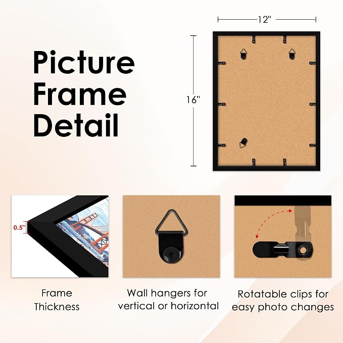 FIXSMITH 12x16 Picture Frame Set of 1, Photo Frame with HD Plexiglass, Display Pictures 8.5x11 with Mat or 12x16 Without Mat, Black Picture Frames Collage Wall Decor, Gallary Wall Frame